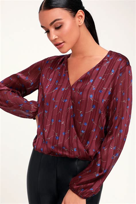 Cute Burgundy Top Floral Print Top Surplice Top Lulus