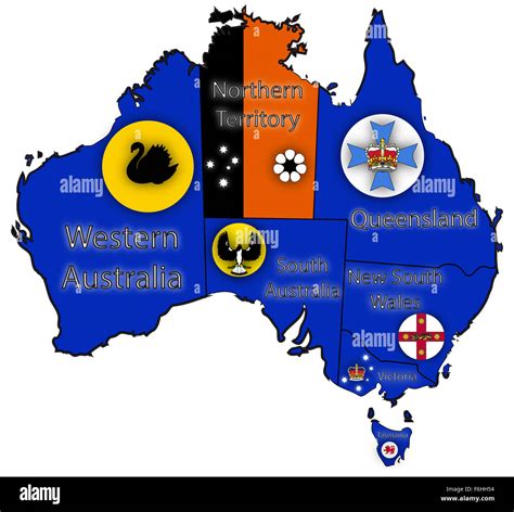 An Australian map outlining the territories with flag designs isolated on a white background ...