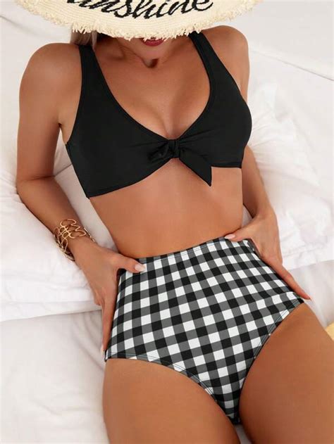 Gingham Knot Front High Waisted Bikini Swimsuit Shein Usa