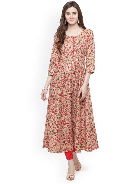 Buy Jompers Women Red And Beige Floral Printed A Line Kurta Kurtas For Women 4449356 Myntra