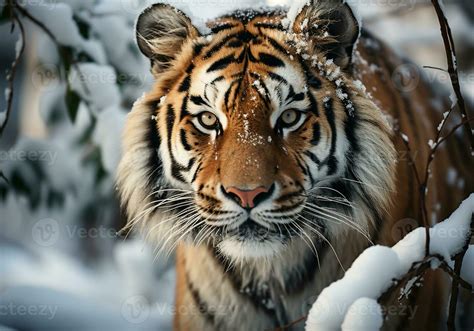 AI generated Huge Siberian tiger in winter landscape with falling snow ...