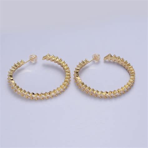 14K Gold Filled 40mm Clear Baguette CZ Lined C-Shaped Hoop Earrings ...