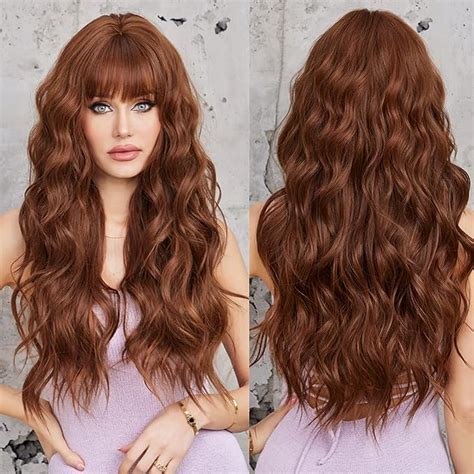 Emmor Brown Wigs For Women Long Wavy Wigs With Bangs Curly Wig Heat Resistant Synthetic Wigs