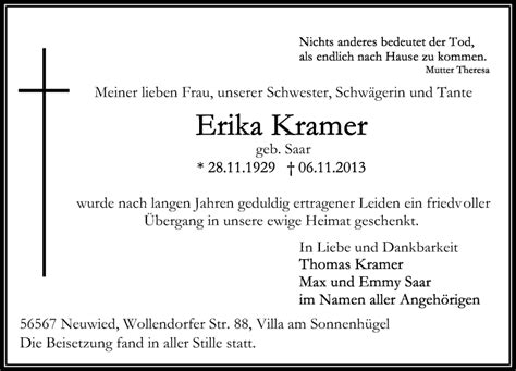 Traueranzeigen Von Erika Kramer Rz Trauer De