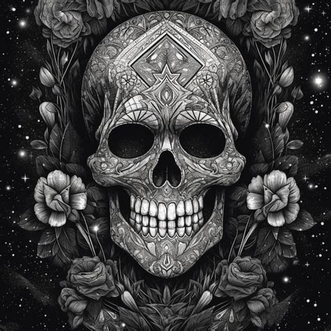 Premium AI Image | A black and white drawing of a skull with a diamond pattern.