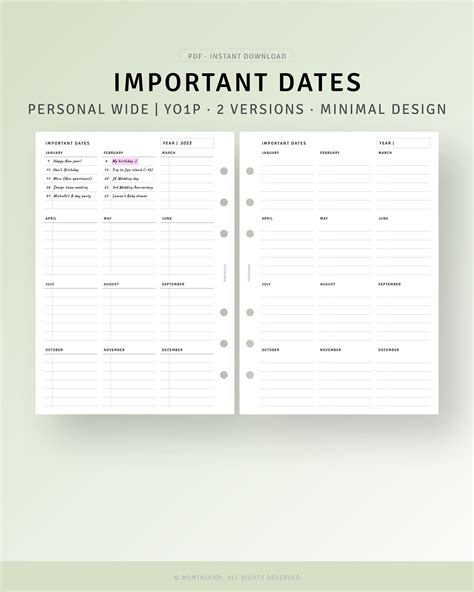 Important Dates Tracker Personal Wide Inserts Printable Birthday Event