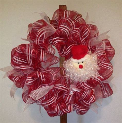 Red And White Poly Deco Mesh Wreath With Santa Embellishment Etsy