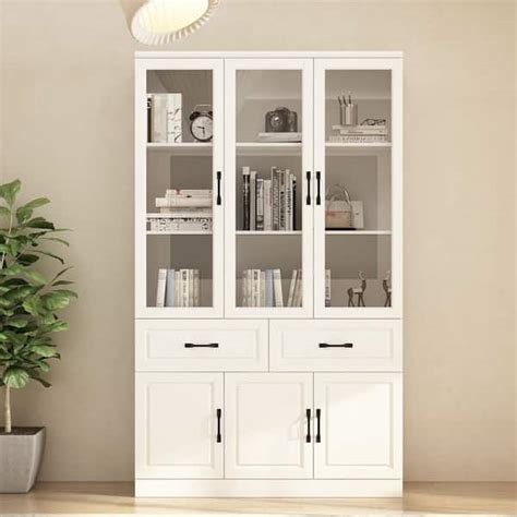 Wiawg White Wood Storage Cabinet With Adjustable Shelves Glass Doors