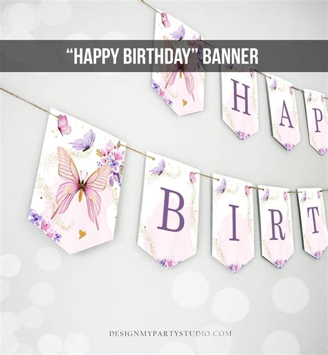 Happy Birthday Banner Butterfly Birthday Banner Floral Flowers Pink ...