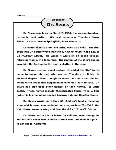 Dr Seuss Biography Worksheets