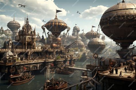 Premium Photo | Steampunk city scene with gears airships and a ...