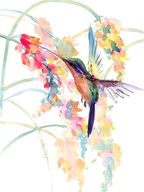 Hummingbird And Succulent Flowers Painting By Suren Nersisyan Fine