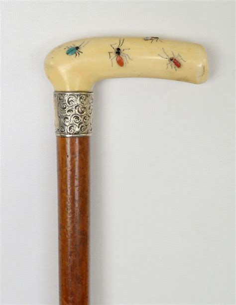 Antique Shibayama Ivory Handled Walking Stick W Precious Stone Insects