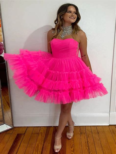 Strapless Hot Pink Tulle Short Prom Dresses Strapless Hot Pink Tulle Morievent