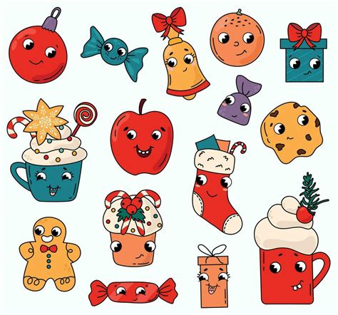 Retro Christmas Kawaii. A cute set of Christmas illustrations. White ...