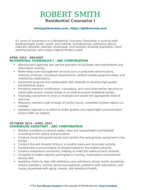 Residential Counselor Resume Samples Qwikresume