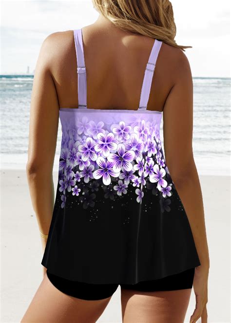 Floral Print Patchwork Light Purple Tankini Top Usd 29 98