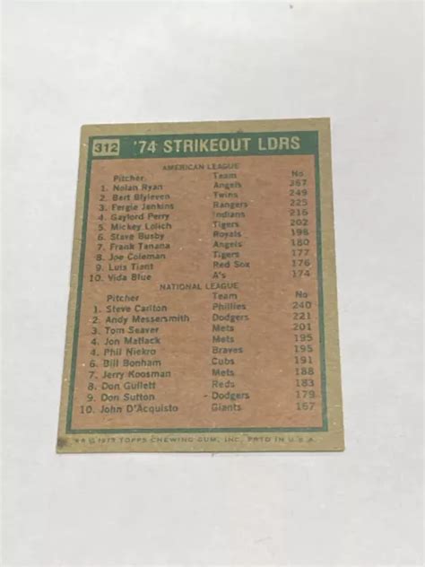 1975 TOPPS 312 Nolan Ryan 1974 Strikeout Leaders Steve Carlton EUR 2