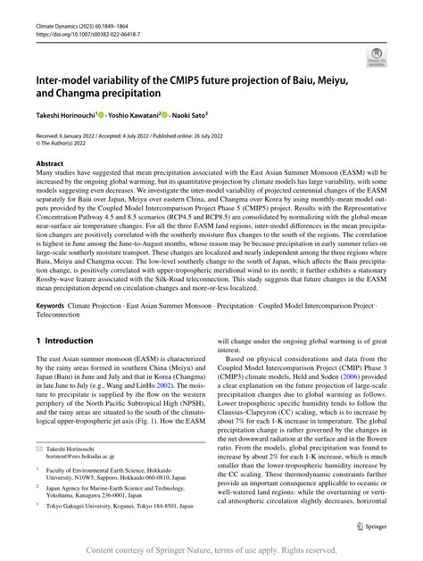 Pdf Inter Model Variability Of The Cmip5 Future Projection Of Baiu