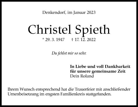 Traueranzeigen Von Christel Spieth Zeit Des Gedenkens De