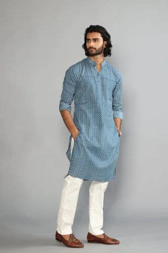 Cotton Printed Steel Blue Zigzag Sanganeri Print Kurta Pajama At Rs