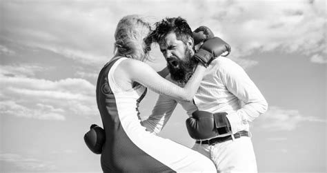 Defend Your Opinion In Confrontation Man And Woman Fight Boxing Gloves