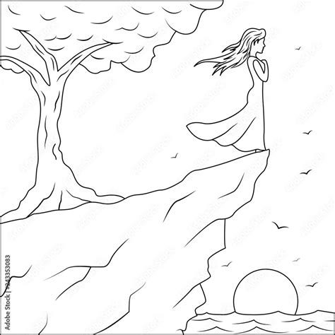 Outine Drawing Girl Standing On The Edge Of The Cliff An Looking At The