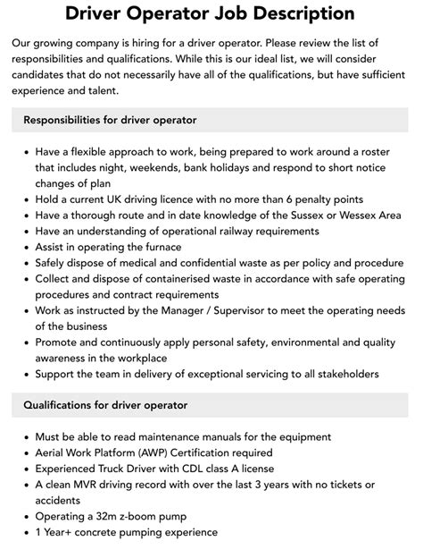 Driver Operator Job Description Velvet Jobs