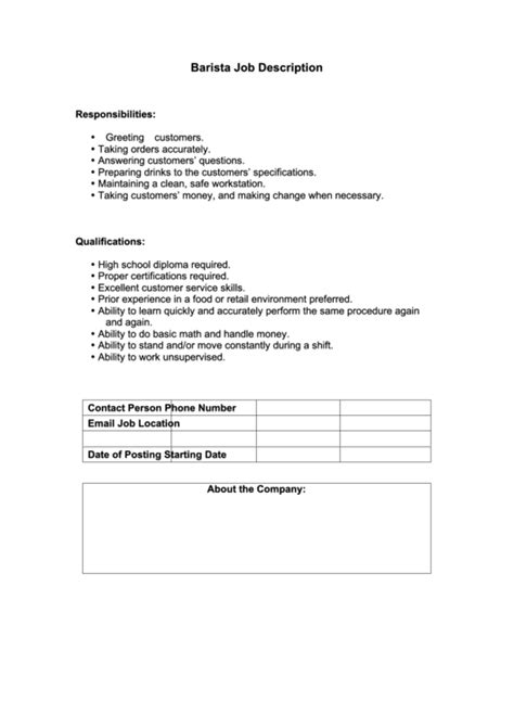 Barista Job Description Printable Pdf Download