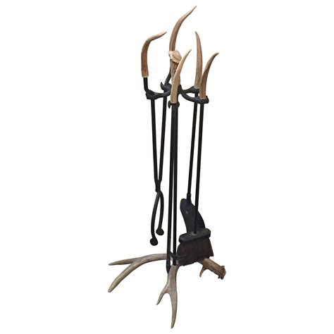 Stylish Iron Fireplace Tool Set With Authentic Antler At 1stdibs