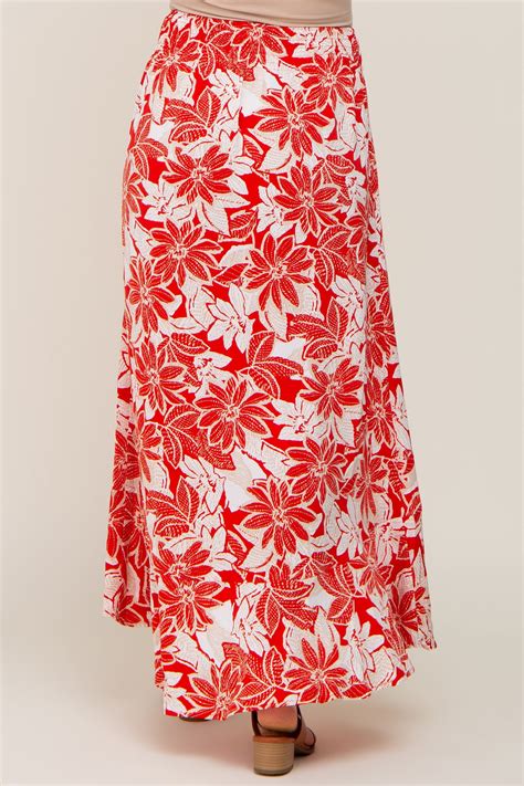 Red Floral Button Front Ruffle Hem Maternity Maxi Skirt Pinkblush