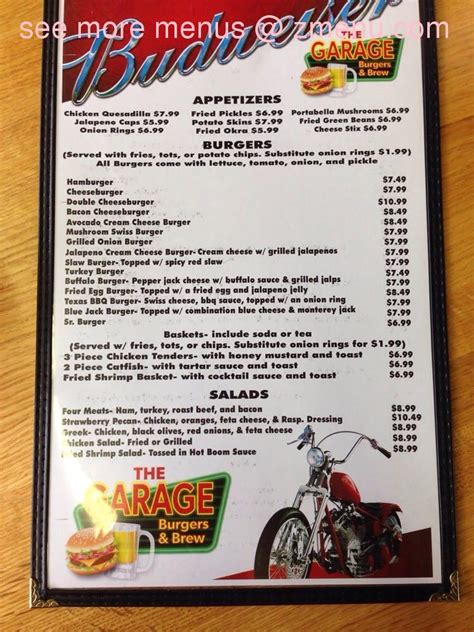 Menu at The Garage restaurant, Harrisonville