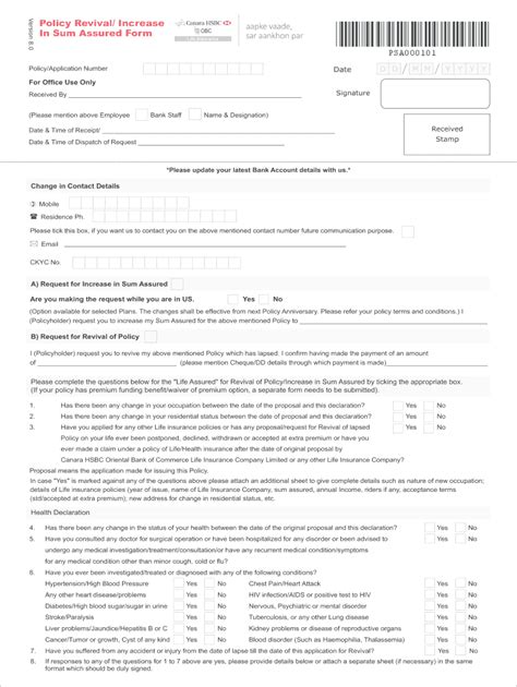 Fillable Online Policy Revival Increase In Sum Assured Formfinal Fax