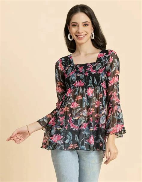 Buy Moomaya Women Printed Smocked Square Neck Top Bell Sleeves Ruffled