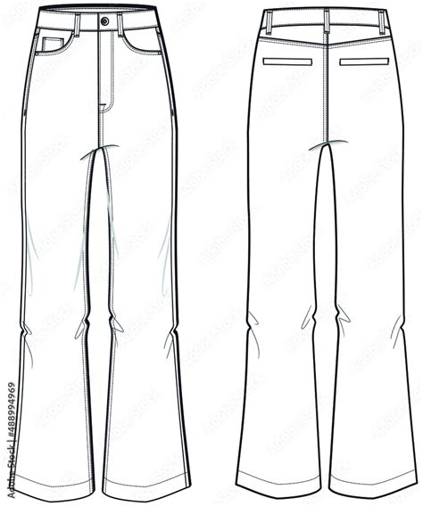 Women Boot Cut Denim Flared Denim Jeans Front And Back View Fashion Illustration Vector Cad