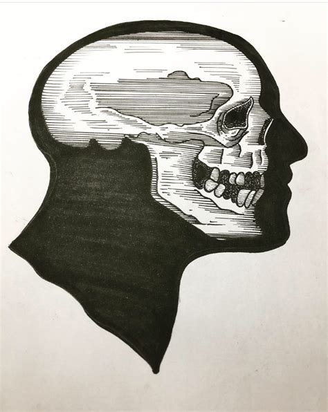 A Black And White Drawing Of A Human Head With A Skull On It S Side