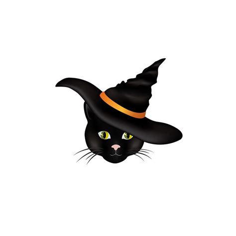 Cat In A Witch Hat Black Cat Looking At Camera In Halloween Outfit