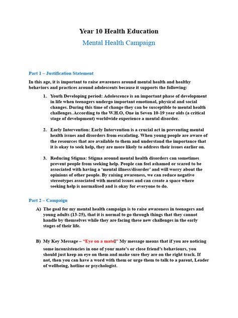 Year 10 Health Assignment 1 Mental Health Campaign Pdf Mental Health Mental Disorder