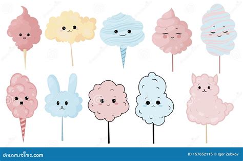 Set Of Cute Cotton Candy With A Smile Vector Illustration For Children