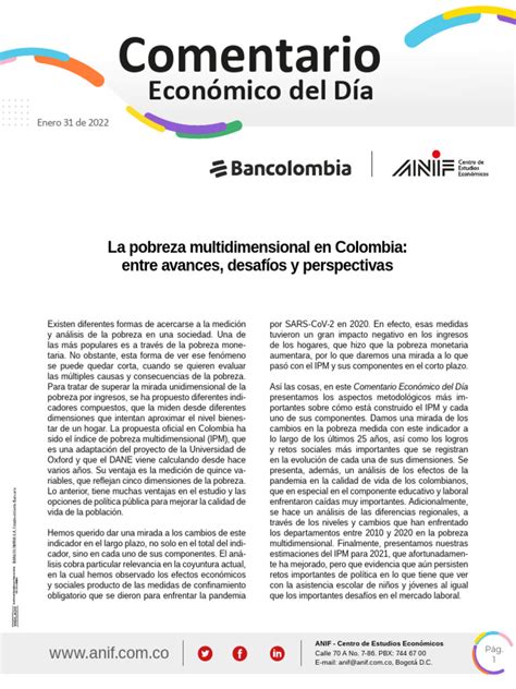 La Pobreza Multidimensional En Colombia Entre Avances Desafios Y