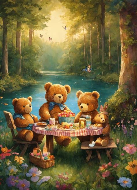 A Cute Dreamy Scene of a Teddy Bear Family Having a Picnic, Generated by AI. Stock Illustration ...