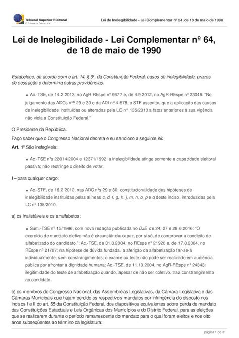 Pdf Lei De Inelegibilidade Lei Complementar N De De