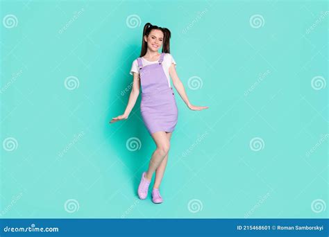 Full Length Photo Of Charming Cute Lady Toothy Smile Palms Hips Wear