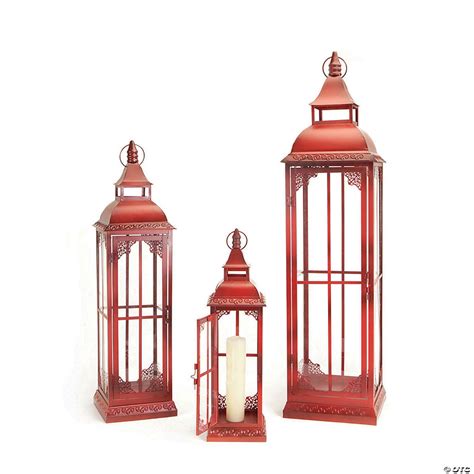 Melrose International Red Traditional Metal And Glass Lantern Set Of 3 Oriental Trading