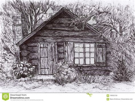 Pen drawing. Cabin house surrounded by trees and shrubs #cabin # ...