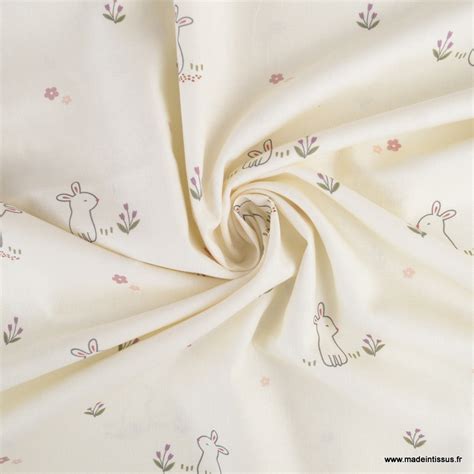 Tissu Popeline Motifs Lapins Et Petites Fleurs Fond Blanc Cass Oeko Tex