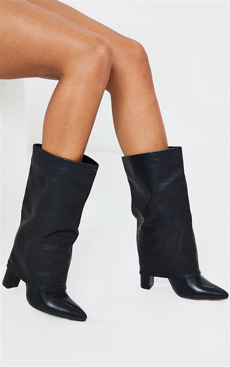 Black Fold Over High Point Block Heel Calf Boot Prettylittlething Usa