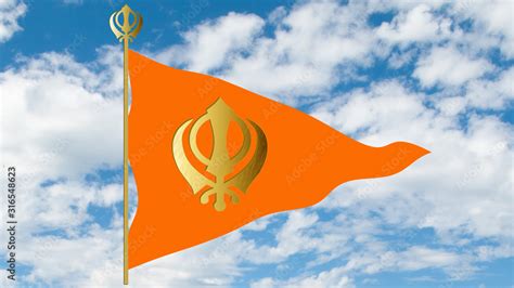 Orange Sikh flag with the image of gold Khanda - the main symbol of Sikhism, clouds background ...