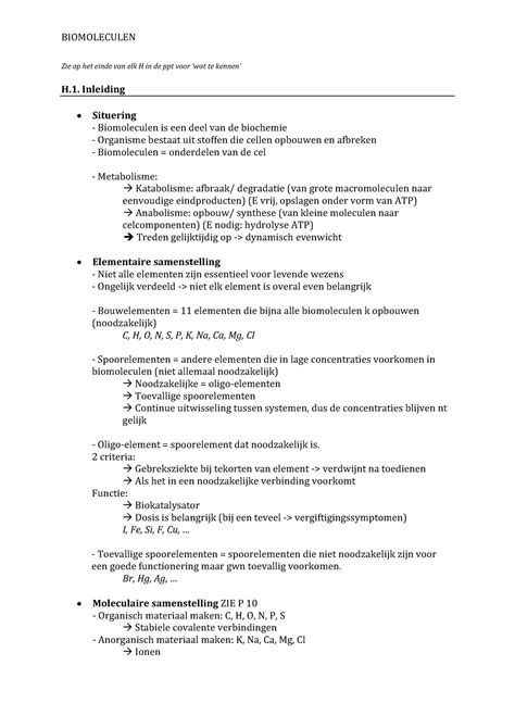 Biomoleculen Samenvatting Zie Op Het Einde Van Elk H In De Ppt Voor