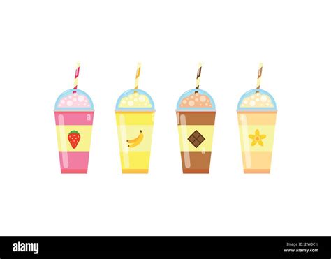 Set Of Cute Flat Milkshakes To Go With Strawberry Banana Chocolate